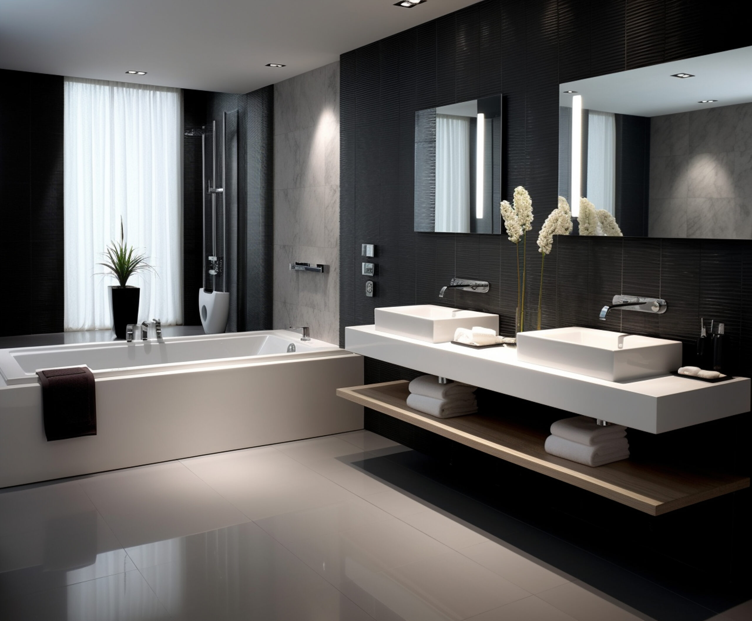 Modern bathroom interior with shower, basin, and wooden vanity